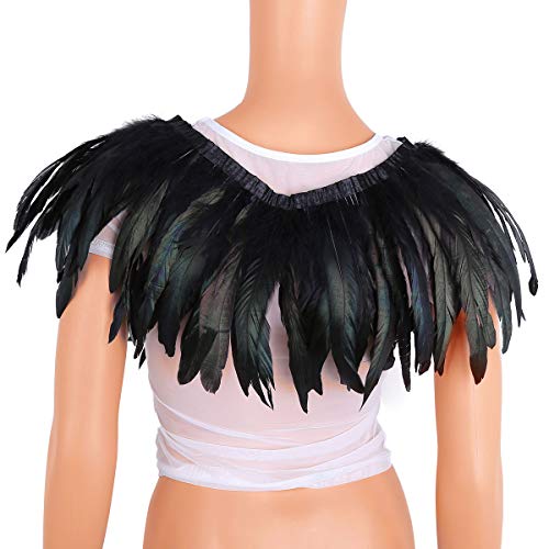 Iefiel Halloween Iridescent Feather Cape Stole Shawl Collar With Ribbon Ties Black #TOP2