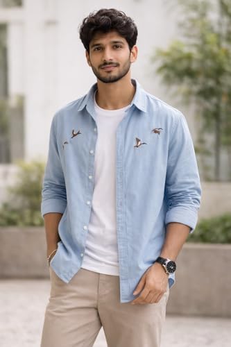 Image of Men's Cotton Blend Casual Wear with Bird Embroidery | Regular Fit Full Sleeve Button Down | Lightweight Summer Style for Daily, Office & Party