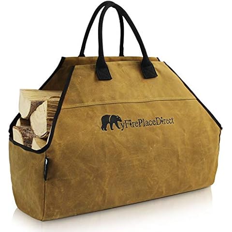 MyFirePlaceDirect Heavy Duty Waxed Canvas Log Carrier Tote Bag with Unique Embroidered Logo, Extra Large Durable Firewood Holder with Strong Comfort Handle, Heavy Duty Wood Carrying Bag Rust Cover