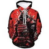 Girren Men's Japanese Samurai Graphic Hoodies Novelty 3D Printed Skull Hoodie Sweatshirt,Red3,M