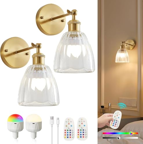 Battery Operated Wall Sconces Set of 2, Glass Lampshade Rechargeable Wall Light with Dimmable RGB Bulbs, Wireless Wall Sconces with Adjustable Lighting Angle for Bedroom, Bathroom, Hallway, Doorway