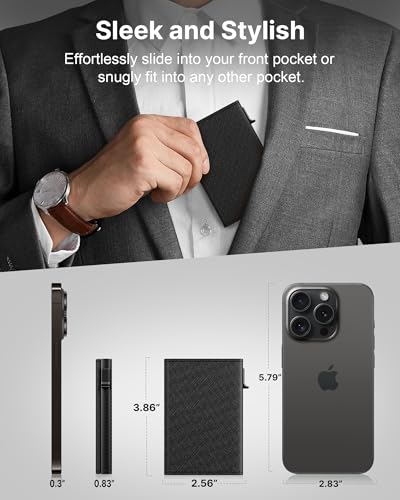 Image of typecase Mens Wallet Card Holder: Pop Up Aluminum Case, Genuine Leather, Smart, RFID Blocking, Slim, Minimalist, Front Pocket - 9-14 Card Capacity | ID Window | Cash Slot (Cross Black)