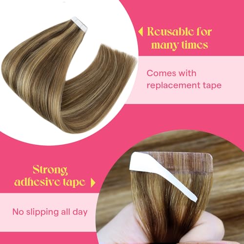 Image of Ve Sunny Hair Tape in Hair Extensions Human Hair | Dark Brown Highlight Caramel Blonde,16Inch 50g 20Pcs,Silky Smooth,for Party