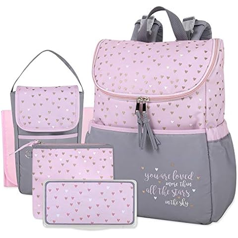 Baby Essentials Diaper Bag Backpack 5 Piece Set with Sun, Moon, and Stars, Wipes Pocket, Stroller Straps, Dirty Diaper Pouch, Changing Pad (Grey/Pink Backpack) Cover