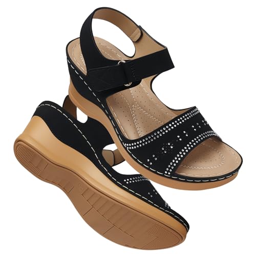 SHIBEVER Wedge Sandals For Women Low: Dressy Summer Sandal - Comfortable Rhinestone Sandals