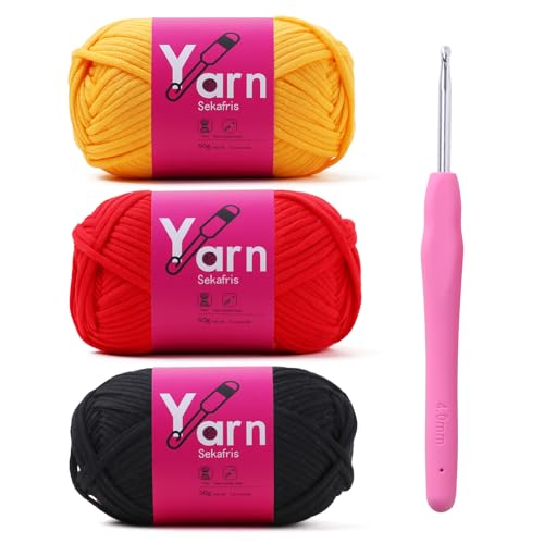 Image of Crochet Yarn 150g /163.5yds Cotton - Chunky Yarn for Crocheting - Easy-to-See Stitches - Black+Crimson+Golden Yellow
