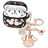 (with Cute Keychain) Girovo Compatible with Apple Airpods 4 Case 2024 Women, Soft Silicone Two-Tone Funny Cartoon Engraved Portable 360° Full Protection Anti-Scratch Air pod 4 Case Black/Pink