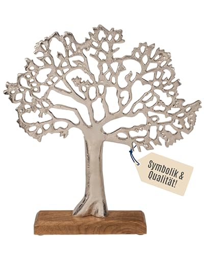 Out of the blue Silberfarbener Lebensbaum Dekofigur - Stilvolles Wohnaccessoire aus robustem Material auf Holzständer - Symbolträchtiger Baum für Wohnzimmer & Flur - Perfekte Geschenkidee