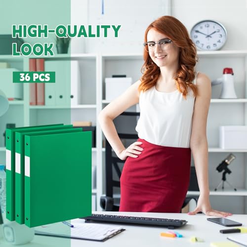 Image of Henoyso 36 Pack 0.5 Inch Plastic 3 Ring Binder Round Ring, Bulk 1 /2 Inch Flexible Binders Hold 140 Sheets Letter Size with Pocket, Document Organizer for Back to School Classroom Office (Green)