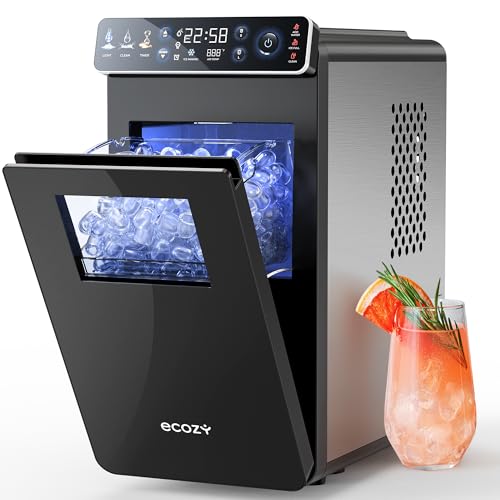 ecozy Ice Makers Countertop, Ultra Slim Design with Full-Color Panel, Internal Lights, 26 lbs/24H, Timer Ice Making, Two Ice Sizes, Portable Self-Cleaning Ice Machine for Home/Kitchen/RV