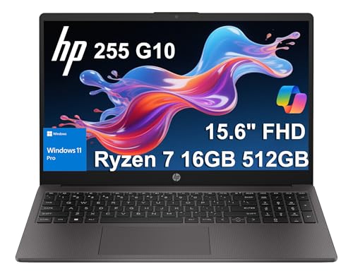 HP 255 G10 ビジネスノートパソコン (15.6インチ FHD アンチグレア、AMD Ryzen 7 7730U (> Intel i7-1355U) 16GB RAM 512GB SSD 自宅、学生、ミリタリーグレード、シャッター付きウェブカメラ