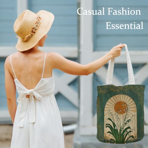 Boho Lily of the Valley Tote Bag, Emerald Green Boho Sun Floral Canvas Tote Bags for Women, Vintage Mystical Wildflower Botanical Reusable Grocery Shopping Bags4