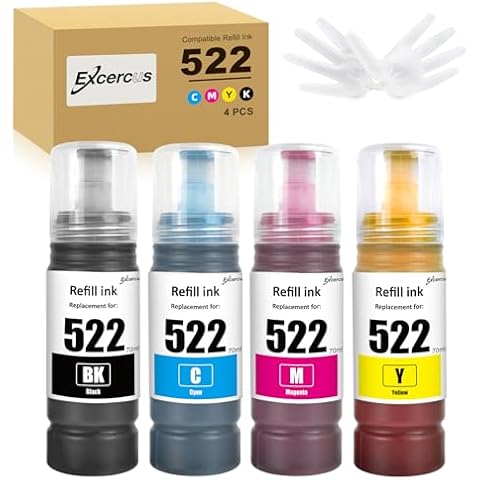 EXCERCUS T522 522 Ink Refill Bottles Compatible for Ecotank ET-2760 ET-4760 ET-2750 ET-2720 ET-3760 ET-2850 ET-15000 ET-2800 ET-4700 ST-4000 ST-2000 ET-3710 ET4810 ET-3850 Printer (1BK C M Y) Cover