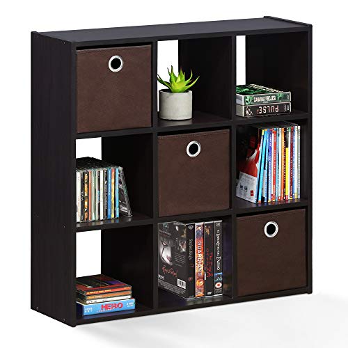 Furinno Simplistic 9-Cube Organizer with Bins, Small Size (Assembled Unit Dimensions : 7.9'D x 26.5'W x 26.7'H Inches), Dark Walnut