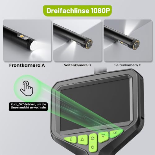 Z34 Endoskopkamera mit Licht 10m, inspektionskamera Triple Lens DREI Linsen Endoskop mit...