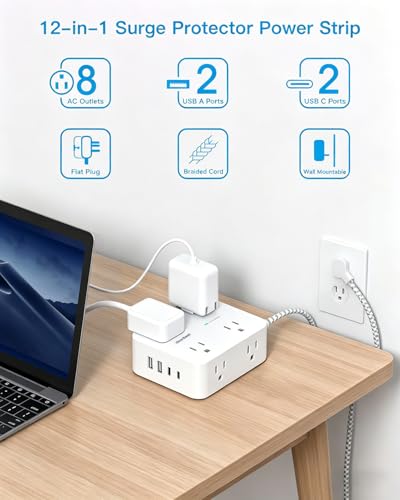 Image of Extension Cord 20 Ft, One Beat Surge Protector Power Strip 20 Ft Long Cord, 8 AC Outlets with 4 USB Ports(2 USB C), White Power Strip for Home Office College Dorm Room, Desk Essentials