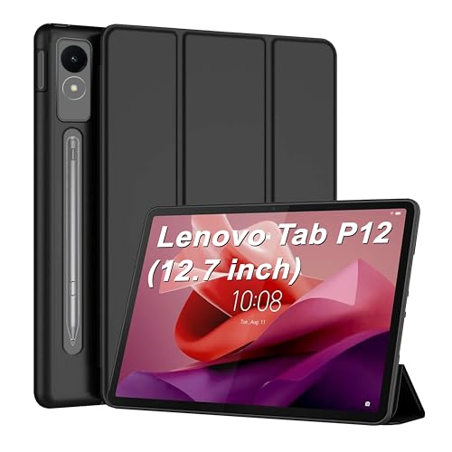 Image of CEDO Tri-Fold for Lenovo Tab P12 (12.7 in) Smart Case Flip Cover with Multi Viewing Angles Stand | Leather Finish | Heat Dissipation | TPU Backcover (Black)