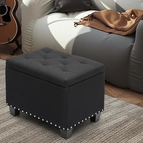 SFIHOME Rectangular Storage Ottoman, 24" Bench Ottoman Storage,220 Lbs Weight Capacity Wooden Pouf Ottoman Foot Rest, Small Ottoman with Storage, Bedroom Storage Bench with 40L Inner Space（Black） Cover
