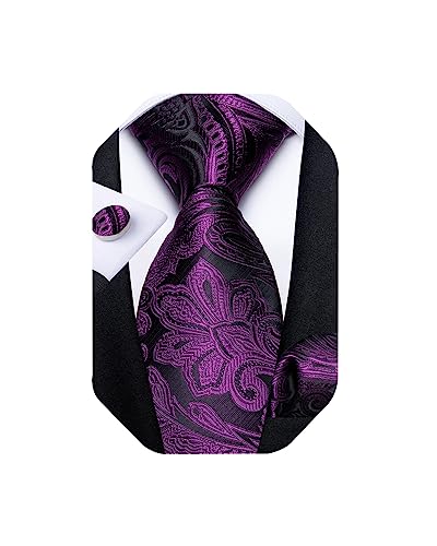 Image of DiBanGu Extra Long Tie for Men 63 inch XL Silk Necktie Set | Pocket Square and Cufflinks, Big and Tall, Jacquard Woven, Gift Box, Paisley /Plaid /Solid /Striped, for Weddinng Party Business