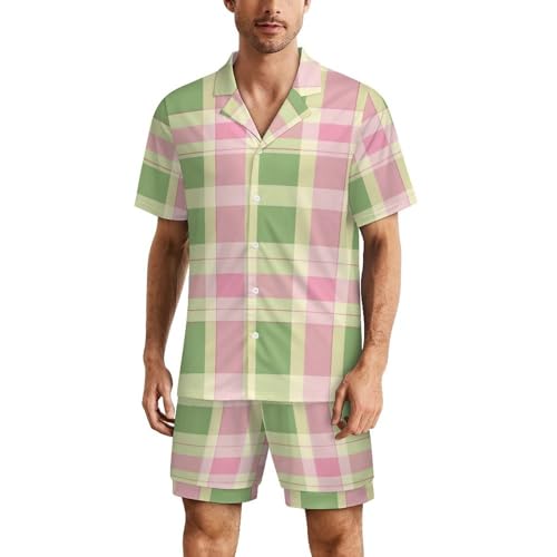 Green Pink Plaid Mens Pajamas Set Short Sleeve Sleepwear Summer Pjs Sets 2 Piece Loungewear Nightwear