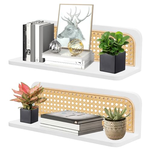 Qivine Wand Regal 2 Set, Rattan Wandregal Kinderzimmer Rustikal, Wandregale Holz zur Aufbewahrung für Wohnzimmer, Schlafzimmer, Badezimmer