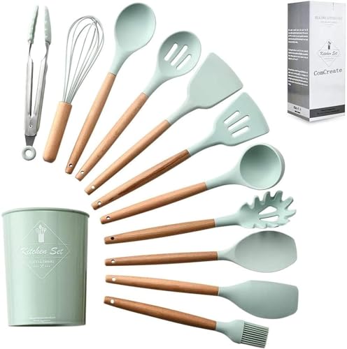 Home-Brand Home Brand Silicone Cooking Kitchen 12PCS Wooden Utensils Tool for Nonstick Cookware Set with Bamboo Wood Handles Cookware Non-Toxic Turner Tongs Spatula Spoon Green BD-AMZ-14