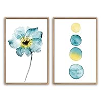 SIGNWIN Framed Canvas Print Wall Art Teal, Yellow Flower and Moon Eclipse Nature Forest Watercolor Minimalism Modern Relax/Calm for Living Room, Bedroom, Office - 16