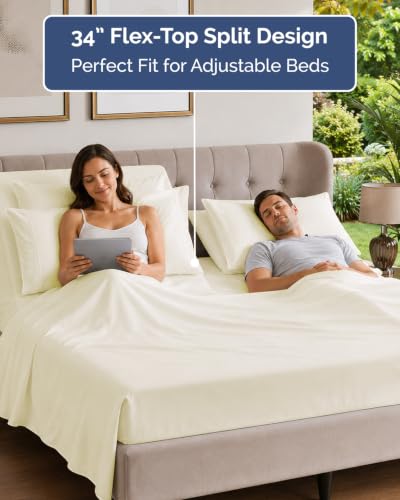 Image of Flex Top Split Head King 6 Piece Sheet Set - Soft & Cooling - Off White | Ultra Soft Hotel Luxury Bedding Set w / 8-16 Inch Deep Pockets, 1 Flat & 1 Split-Head Fitted Sheet & 4 Pillowcases, Fade Free