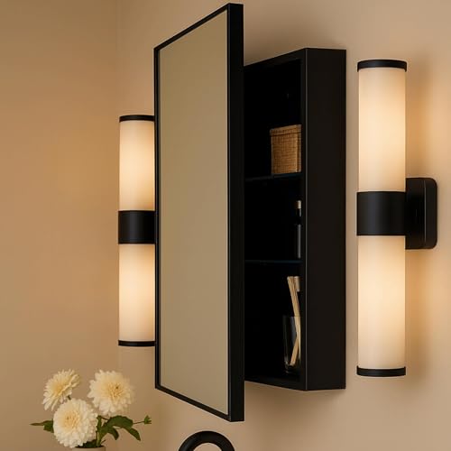 Image of TEHOME 17.5'' x 29'' Black Recessed and Surface Mount Bathroom Medicine Cabinet with Mirror Matt Black Square Cornered Metal Framed Rounded Rectangle Medicine Cabinet Mirror