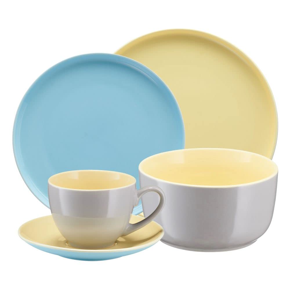 VILLA ITALIA Serwis obiadowo kawowy na 6 osób Zestaw naczyń, Zastawa stołowa, Talerz płytki, Talerz głęboki, Talerz deserowy, Filiżanka, BORNEO yellow-grey-blue