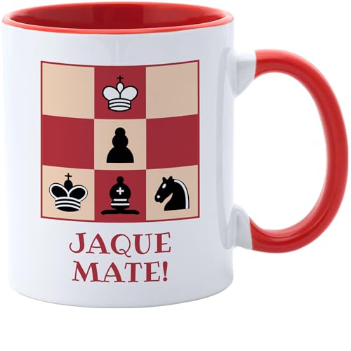 El Kraken Taza Ajedrez, jaque mate, checkmate, tablero, tazas originales, chess, regalo para niños, infantil, interior y asa de color, diseño en ambas caras, Cerámica 330 mL (Rojo)