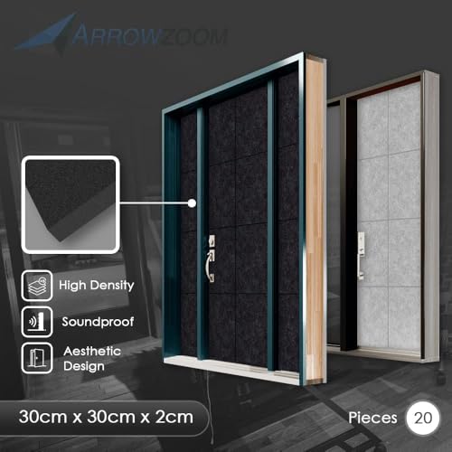 Arrowzoom Soundproof Door Kit PRO - 20pcs Black, High-Density Foam, Self-Adhesive, Sound Absorbing Panels 40dB Noise Reduction, 12x12x0.78in Sound Proof Panels for Door 1244