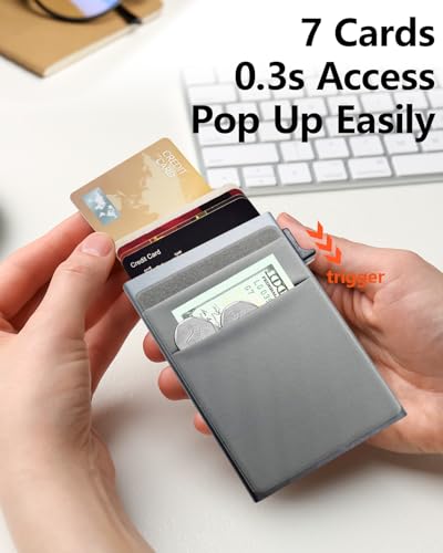 Slim mens metal wallet,RFID Blocking, Minimalist Pop Up Card Holder, Elastic Pocket for Business Card Cash and Coins(gray)2