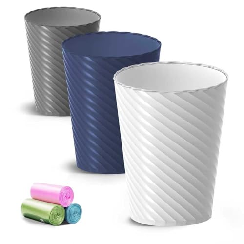Image of Lysam Bathroom Trash Can, 3 Pack 1.8 Gallons Small Trash Can with Trash Bags, Bathroom Garbage Can, Plastic Trash Bin, Round Waste Basket for Bedroom, Office, Room (White Blue Grey)