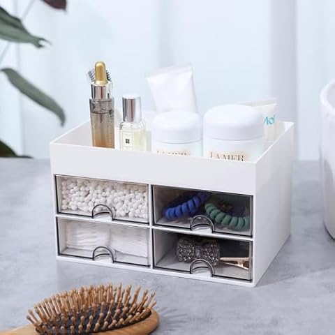 MILULUGO Desk Organizer with 4 Drawers, Makeup Organizer, 4 Compartments for nail polish, Lipstick, Brushes, Jewelry, Skincare, Bathroom Organization Boxes(White) Cover