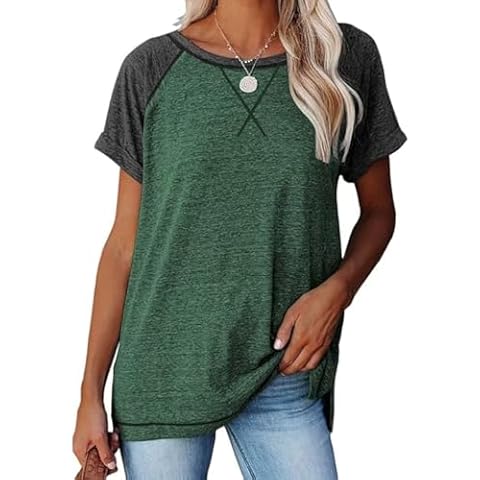 Welity Women's Crewneck Short Sleeve T Shirt Color Block Summer Casual Tees Tops, 2# Dark Green, XX-Large Cover