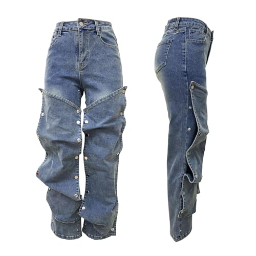Lucuna Womens High Waisted Baggy Straight Leg Jeans Y2K Detachable Patchwork Asymmetrical Denim Pants Streetwear4