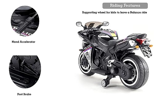 SRECAP 12V Battery Operated Ride on Bike for Kids of Age 2.5 to 8 Years Electric Rechargeable Kids Bike with Hand Race, Music, Led Lights - Black