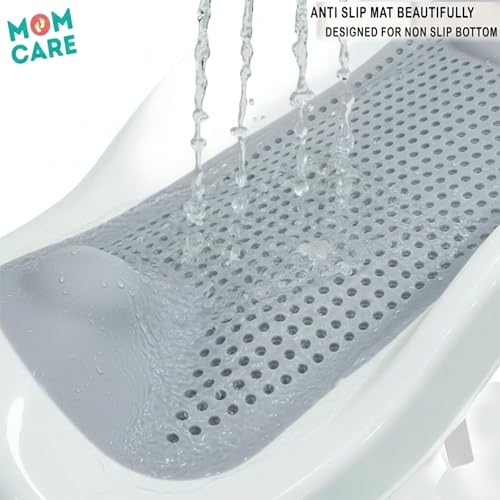 Image of MOM CARE Foldable Baby Bath Support Seat for Newborn (0-6 Months) | Anti-Slip Silicone Baby Bather | Ergonomic Infant Bath Seat for Sink, Tub & Floor | Portable Newborn Bath Support Chair | Grey