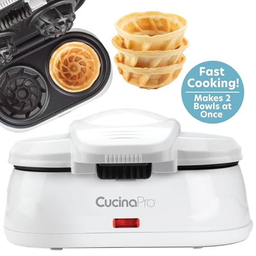 Double Waffle Bowl Maker- Make two 4″ Ice Cream Cone Bowls at Once in Just Minutes- Dessert Appliance for Yogurt Treat, Fruit, Snacks- Nonstick Iron, Easy Clean Electric Kitchen Gadget w Recipe Guide by CucinaPro - Image 3