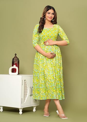 Image of Maternity Feeding Kurti for Women | Cotton Blend Anarkali Dress with Nursing Zip for Pre & Post Pregnancy