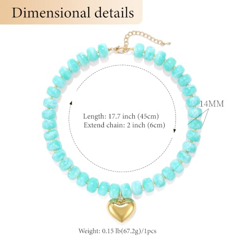 Wassazi Teal Chunky Beaded Necklace for Women, Colorful Acrylic Bead Statement Puff Heart Pendant Necklace, Cute Boho Y2K Choker Necklace for Gift Jewelry by Wassazi - Used condition - Image 2