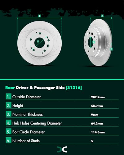 Image of SCITOO Rear 11.11 inch Brake Pads and Rotors Kits Rear：31316;D536 | Drilled & Slotted Rotor and Brake Pads Fit For 2004-2008 For Acura For TL,2003-2011 For Honda For Element