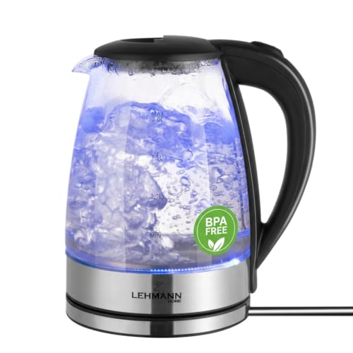 Lehmann Bouilloire en verre 2 litres, 2200W, bouilloire électrique en verre avec rétro-éclairage LED, arrêt automatique et protection contre la surchauffe, socle pivotant, sans BPA