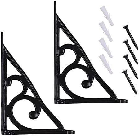 Ziolte Set of 2 Cast Iron Wall Shelf Brackets 7.5 inches, Ornate Pattern in Black Finish; Includes Mounting Hardware,Suitable for Walls, Clocks and Other Accessories