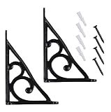 Ziolte Set of 2 Cast Iron Wall Shelf Brackets 7.5 inches, Ornate Pattern in Black Finish; Includes M
