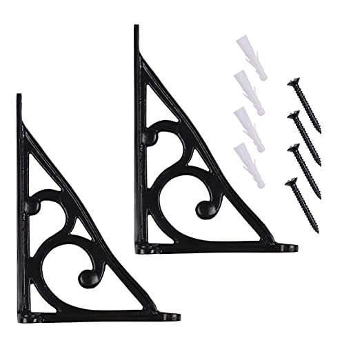Ziolte Set Of 2 Cast Iron Wall Shelf Brackets 7.5 Inches, Ornate Pattern In Black Finish; Includes Mounting Hardware,Suitable For Walls, Clocks And Other Accessories #TOP2