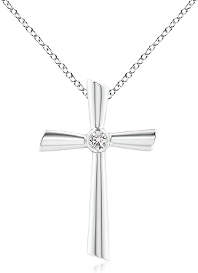 Angara Bezel-Set Solitaire Round Diamond Cross Necklace in Sterling Silver/14K Solid Gold | Natural Diamond Pendant for Women | April Birthday, Anniversary Jewelry Gift