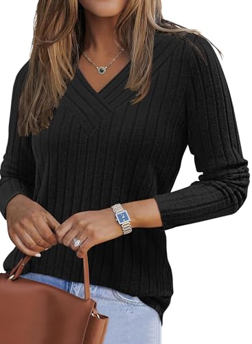 PLOKNRD Pull Femme Léger Col en V Manches Longues Chic et Élégant Automne-Hiver Tricot Haut Noir M