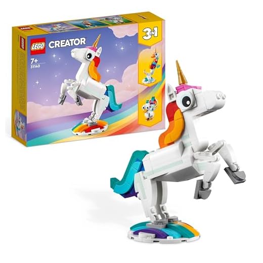 LEGO 31140 Creator Unicorno Magico con Arcobaleno, Idea Regalo di Natale, Set 3 in 1 con Fantastici Animali Giocattolo per Bambini e Bambine, Cavalluccio Marino e Pavone